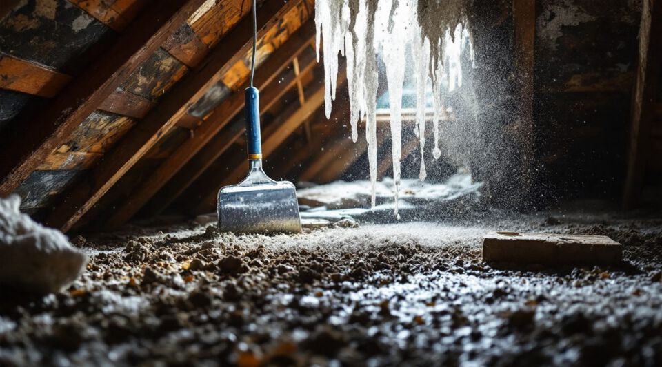 A wide-angle view of an attic interior showing clean wooden roof trusses, pink fiberglass insulation on the floor, and sunlight filtering through a soffit vent.
